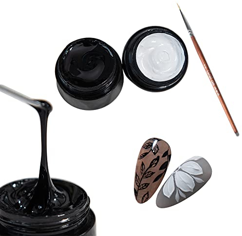 Blanco y Negro, Set para Dibujos Pinturas de Manicura para Uñas Nail Art, Esmaltes de uñas en gel semipermanentes 2pcs 8g para diseño de uñas salón de manicura LED UV, con pincel