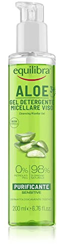 equilibra Viso, Aloe Gel Detergente Micellare Viso, Gel Detergente Viso con Aloe Vera e Aloe 3+ per Pelli Sensibili, Struccante, Rimuove Residui di Make-up e Impurità, Idratante e Tonificante, 200 ml