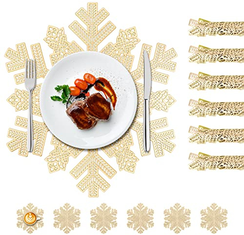 Tischsets Schneeflocken Platzset Rund 12er Set Tischläufer Hitzebeständig rutschfest Platzdeckchenn aus PP - 6er 38cm Tischuntersetzer Platzset und 6er 10cm Glas Untersetzer