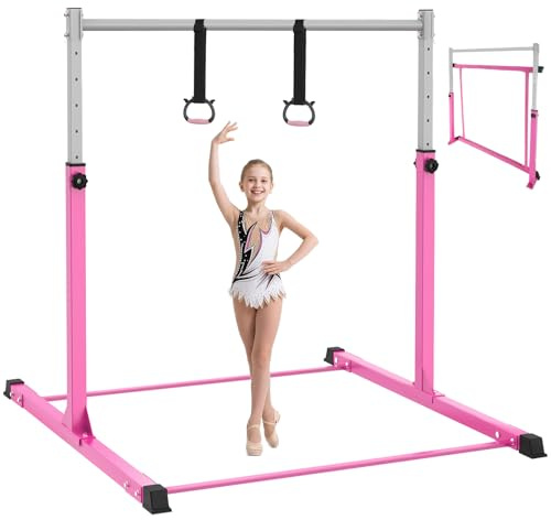 Safly Fun Gymnastics Bar for Kids Ages 3-15 | Sturdy Steel Home Gym, Adjustable Height (3 to 5 ft) with Anti-Slip Base, Easy Assembly