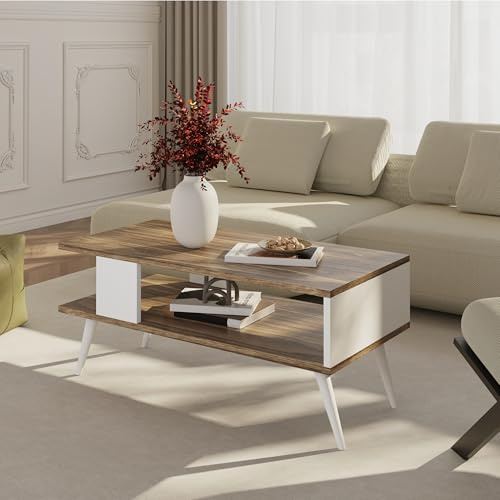 [en.casa] Couchtisch Lycksele Beistelltisch Wohnzimmertisch mit Stauraum rechteckig Walnuss-Optik Weiß mit unterer Ablage Sofatisch