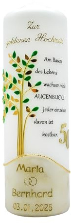 Hochzeitskerze GH-10 zur goldenen Hochzeit in vers. Farben inkl. Namen und Datum HANDARBEIT Geschenkverpackung/Kerzenständer optional