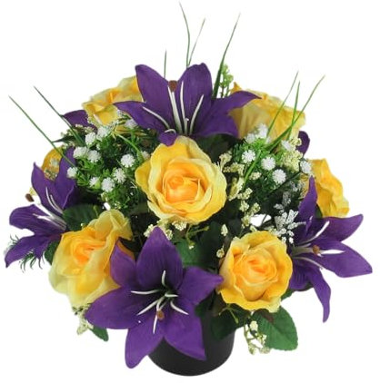 Artificial/Silk Flower Arrangement in Grave Pot, with yellow rosebuds and purple lilies 24cm