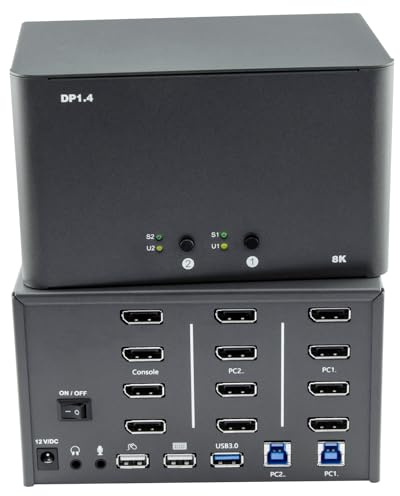 KVM Switch 4 Monitor 2 Computer, 8k Displayport Switch con USB 3.0, Jack, 4 Computer Condividi un Set di Tastiera, Mouse, Supporto Windows/Mac/Linux (Quad Monitor)