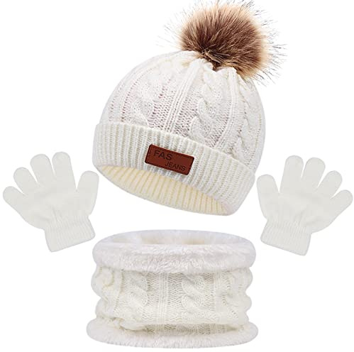 Enwokran 3 Piezas Conjunto Bufanda y Gorro y Guantes de Punto para Niña Niños, Invierno Lindo Guantes Cálido Bufanda Punto Beanie Gorros con Pompon para Niña-Niño 2-6 (Blanco)
