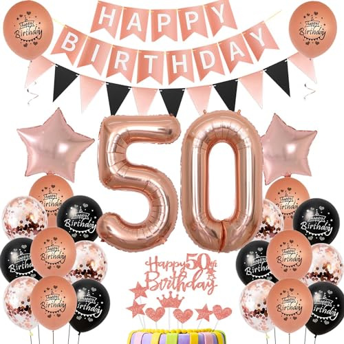 Décoration 50 Ans Femme Anniversaire - Ballons Rose Gold et Noir, Décoration Gâteau