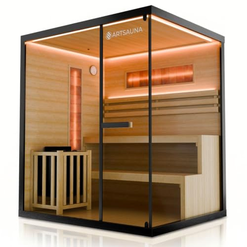 ARTSAUNA® Traditionelle Sauna Vantaa schwarz - moderne Indoorsauna | für 4 Personen, Hemlock Holz, Sicherheitsglas, RGB LED Beleuchtung, Himalaya Salzsteine, Saunaofen 8 kW