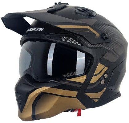 Motorcycle Crash Helmet Stealth Fighter ECE 22.06 Approved Multi Function Full Face & Open Face Helmet Removable Peak - Orbit Black/Gold Matt (XXL)