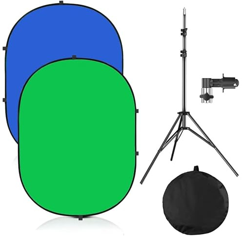 YUOCU Telón de fondo de pantalla verde Chromakey de 1,5 x 2 m con soporte de 2,4 m, panel de fondo plegable reversible 2 en 1 para estudio de fotografía, transmisión en vivo, grabación de video,