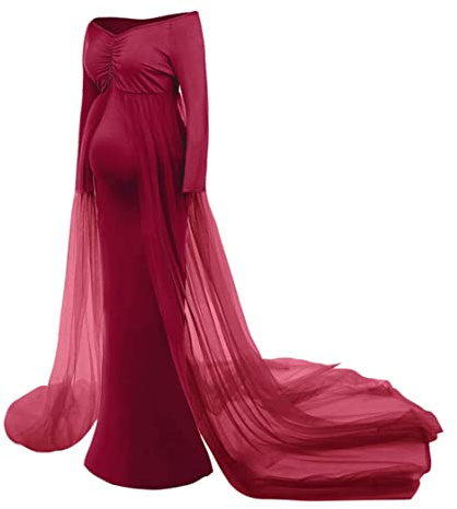 Pastoralist Schwangere Frauen Mermaid Long Maxi Off Schulterkleid Fotoshooting Mutterschaft gegen Nackenspitze Kleid Babyparty Claret m