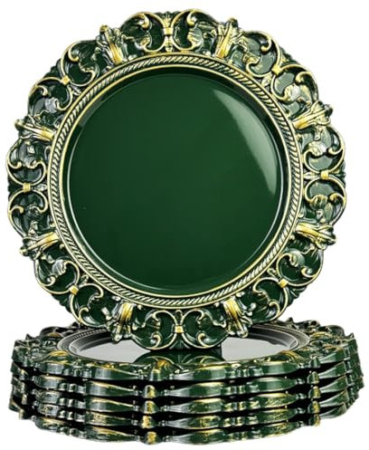 UOEKCS Green Charger Plates, 13 Inch Plate Chargers for Dinner Plates. Set of 6 Plastic Embossed Charger for Dinner, Party, Wedding.