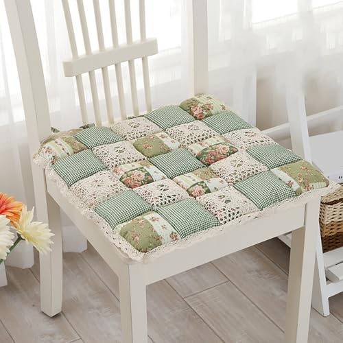 Nileco Patchwork Chair Pad with Ties, Square Lace Seat Cushion Non-slip Seat Pad, Farmhouse Flower Print Kitchen Dining Chair Cushion for Home Office Use(4pcs(16x16inch), Green)