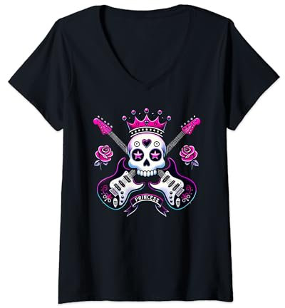 Damen Cute Punk Skull Princess Rockstar Guitar Band Rock'n Roll T-Shirt mit V-Ausschnitt