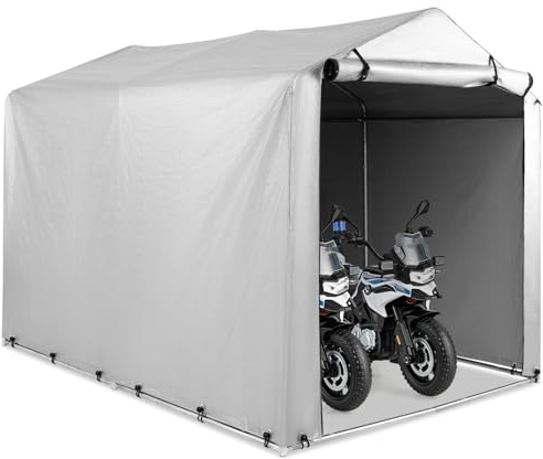 SOARS Capanno da Giardino 218 X 160 X 164 CM, Tenda Garage per Bici Moto Attrezzi, con Copertura en PE Impermeabile, Porta con Cerniera, Telaio in Metallo, Picchetti, per Esterno (Grigio Chiaro)