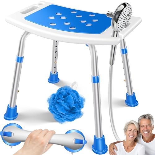 KESSER Sgabello da doccia regolabile in altezza, leggero, piedini in gomma antiscivolo, portata massima di 136 kg, supporto doccia per anziani, maniglia per vasca da bagno, sedile doccia