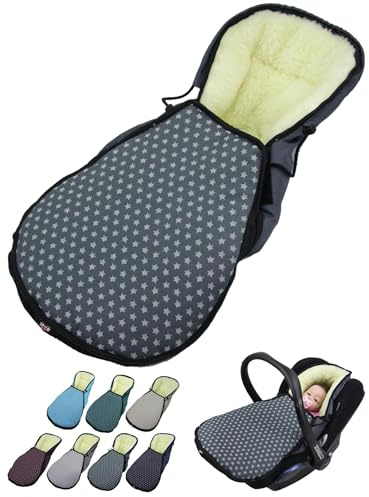BambiniWelt Winterfußsack für Babyschale – kompatibel mit Maxi Cosi Gruppe 0+ – aus Lammwolle, verstellbar & waschbar – Fußsack Kinderautositz mit 3-Punkt-Gurtsystem, Farbe: Sterne dunkelgrau