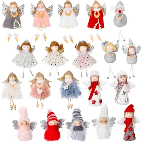 HyDren 20 Stück Weihnachtsengel Baumschmuck Weihnachten Plüsch Puppe Ornamente Weihnachtsbaum Puppen Dekorative Plüsch Engel Anhänger Weihnachten Hängende Puppe Dekorationen für Urlaub Party 20 Stile