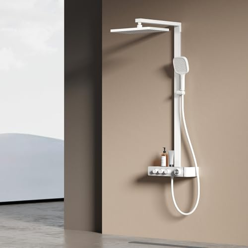 EMKE Colonne de douche Thermostat – Blanc Mat, Régulation innovante du débit, douche à effet pluie de 36x24 cm, douchette à main avec 3 jets, barre de douche et flexible,Installation facile