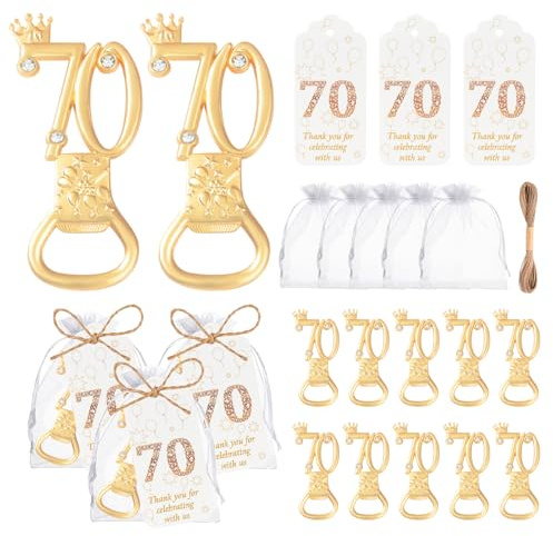Wxzumg 50 bomboniere dorate per 70° compleanno con strass, apribottiglie per 70° compleanno, perfetti per gli ospiti, apribottiglie personalizzati, 70° anniversario, regali per feste di nozze (70°)