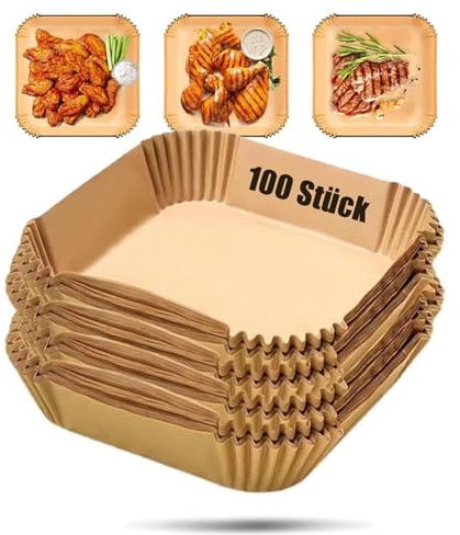 Kisstta 100 Stück Air Fryer Backpapier 16-20,5cm, 2-4,5L Airfryer Backpapierfür Heißluftfritteuse, Heißluftfritte Backpapier Eckig Verdicktes Antihaft Wasserdicht Luftfritteuse Schalen Zubehör