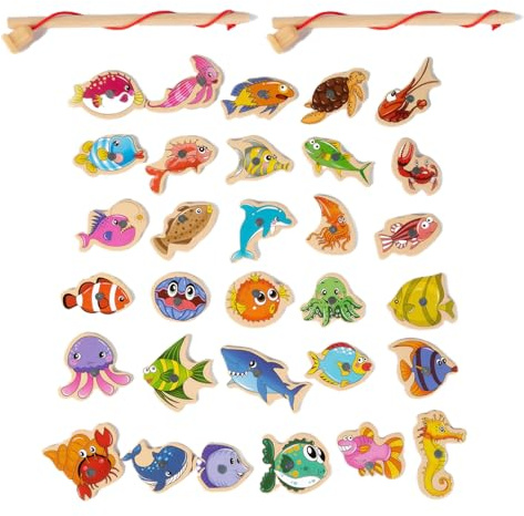 DHWEKU Juego de Pesca para Niños, 33pcs Juguete de Pescar Magnético, Juego de Juguetes de Pesca Magnéticos, 31 Peces, 2 Cañas de Pescar, Early Education Educación Juguetes para Niños 2 3 4 Años