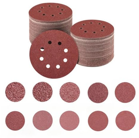 50PCS 125mm Sanding Discs,5x(40/60/80/120/150/180/240/320/400/600)，8 Hole 5 Inch Round Sanding Discs Pads (Red sand)