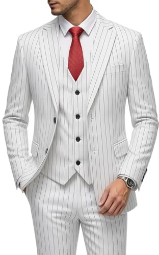 MOGU - Costume 3 pièces pour homme à rayures fines, coupe ajustée, double aérations, veste de smoking, gilet et pantalon décontracté