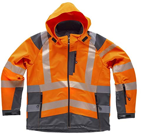 WORKTEAM Chaqueta Softshell de ALTA VISIBILIDAD, Cintas Reflectantes Discontinua, Capucha, Cortavientos, Repelente Agua, Membrana Transpirable y Alta Capacidad Térmica. Unisex
