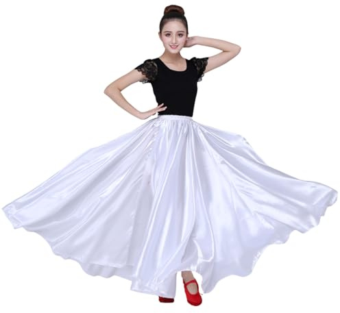 Dance Skirts for Women Satin Full Circle Ankle Length Swing Long Skirt Women Maxi Shiny Skirt for Party Costume Belly Dance (US, Alpha, One Size, Regular, Long, White)