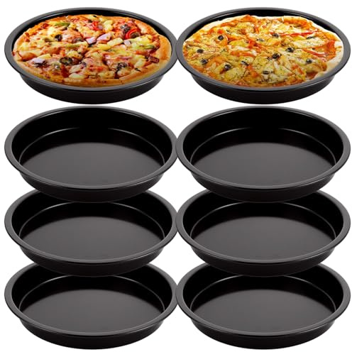 AKOLAFE 8 Pack Deep Dish Pizza Pan Personal Pizza Pan for Oven Round Pizza Plates Set Small Pizza Baking Sheet Non Stick Carbon Steel Pizza Platter Metal Pizza Trays for Serving Cooking Grilling 7Inch
