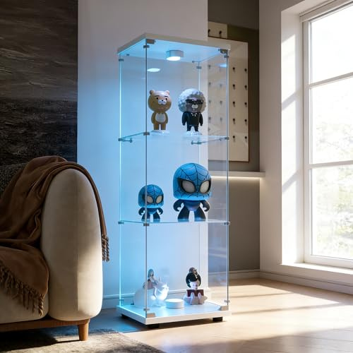 BRILVERDE Glasvitrine Stehend, Stehvitrine mit LED, 3-Stöckige Sammlervitrine mit Türen & Schloss - für Sammler, Bücher, Wein, Büro, Wohnzimmer (Weiße, 125 x 42 x 36 cm)