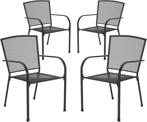 YODOLLA 4er Set Gartenstühle für Garten, Wetterfest Terrassenstühle Metall Liegestühle Balkonstuhl Stapelstühle mit Armlehnen für den Außenbereich, Schwarz