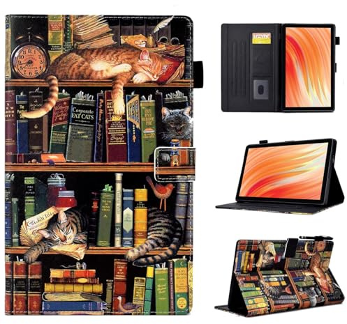 BYCeKe Cute Case for All-New Amazon Kindle Fire HD 10 & 10 Plus Tablet (13th/11th Generation, 2023/2021 Release) 10.1,Vegan Leather Slim Folding Stand Cover with Pocket Auto Wake/Sleep,Bookshelf Cat