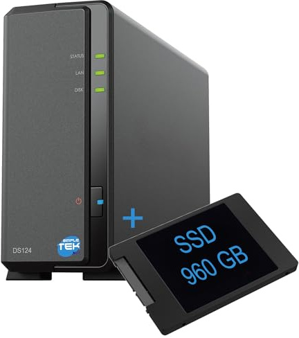 SIMPLETEK - NAS-Netzwerkspeicher mit 1 Fach mit 960GB SATA 3,5″ SSD, Gigabit-Ethernet, 1 GB RAM, USB 3.2, – Schwarz