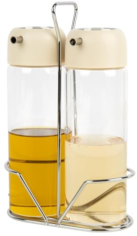 Cofan Huilier et vinaigrier avec support | Jeu de 2 pièces | Flacons en verre borosilicate | Capacité : 300 ml par bocal | Couvercles de couleur beige