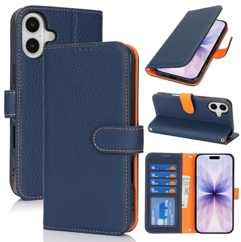 Zouzt Echtleder Hülle für iPhone 17 (6,3), 4 Kartenfächern,Blau & Orange | Premium Leder, Kartenhalter, Magnet Klapp Schutzhülle, Stoßfeste TPU-Innenhülle, Frauen Männer, Leather Wallet Phone Case
