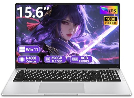 Ordinateur Portable 15.6 Pouces, PC Portable Win 11 8Go LPDDR4 256Go SSD, Celeron N4000 Processeur, Laptop fin et léger avec écran FHD pivotant à 180° Mini-HDMI 2*USB3.0 WiFi5 BT4.2 SSD Développer 1To