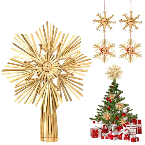 Strohsterne Christbaumschmuck, Christbaumspitze Stern aus Stroh, 5 Stück Strohsterne Schneeflocke Set, Handgefertigte Skandinavische Schneeflocke Baumspitze, Weihnachtsdeko für Innenraum Deko