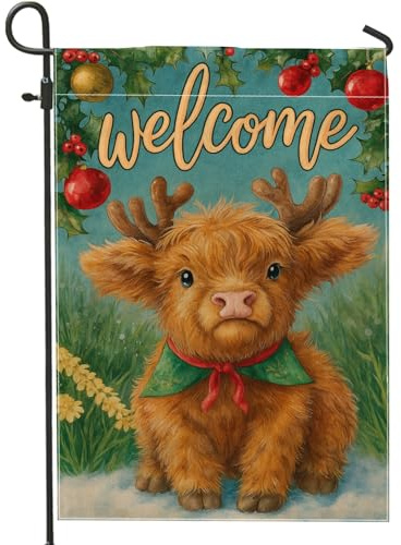 Bandera de jardín de vaca de las tierras altas, bola de acebo de Navidad, arpillera verde, doble cara, bandera de jardín pequeña para patio al aire libre, césped, porche, entrada, camping, 12 x 18