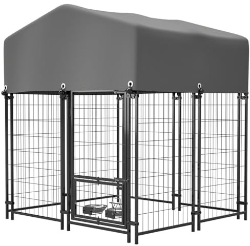CWKISS Outdoor Dog Kennel with Waterproof Roof & Rotating Feeding Bowls, Heavy Duty Metal Pet Playpen Fence with Double Lock System, Anti-Rust Coating, Expandable Modular Dog Run for Backyard
