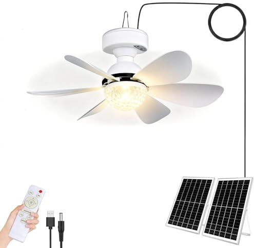 KZT Solar Ventilator Deckenventilator mit Beleuchtung und Fernbedienung LED Dimmbar Akku Fan Deckenlampe Drei Geschwindigkeit Einstellbare Ventilatorlicht für Outdoor Garten Pavillon Schirm Camping