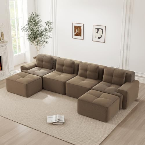 Sofá angular U de 4 plazas, sofá modular sin marco de compresión al vacío con 2 pufs, 4 cojines, Relleno de espuma 32D de alta densidad, Sin montaje, Marrón (Profundidad de asiento 74+Anchura de