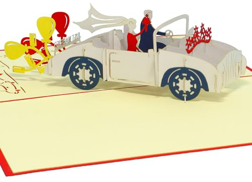 LINPOPUP® Pop-Up Karte Hochzeit - 3D Grußkarte zur Hochzeit, Verlobung, als Geldkarte, Verpackung Geldgeschenk Hochzeitsgeschenk, mit Hochzeitsauto, als Hochzeitseinladung, N256