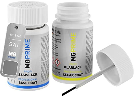 MG PRIME Autolack Lackstift für Seat S7H / S7 Magnetic Tech Grey + Klarlack | Magnetic Grau Metallic, Set aus Basislack + Klarlack, Lackfläschchen mit Pinsel, je 50ml
