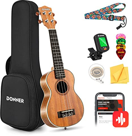 Donner Soprano Ukulélé 21 Pouces pour Débutants Enfants Adultes Ukulélé Starter Kit Acajou Bois avec Housse Cordes Nylon avec Anglais Online-Leçon DUS200