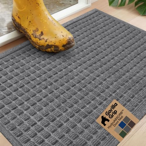 GORILLA GRIP Front Door Mat, Indoor Outdoor Ultra Absorbent HydroABSORB Doormat, Absorbs Up to 1.7 Cups of Water, Stain and Fade Resistant, Rubber Backing Doormats, Captures Dirt, 29x17 Grey