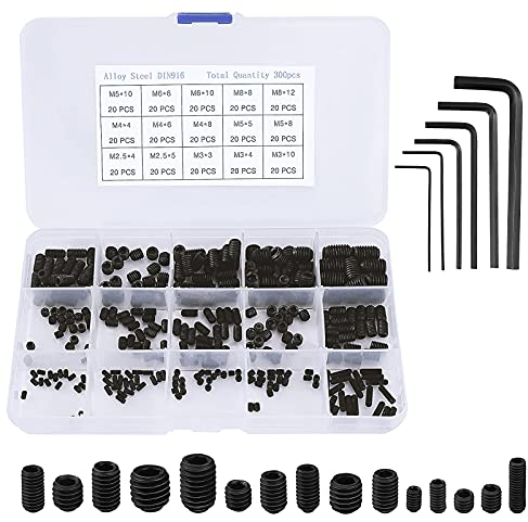 QIMEI-SHOP Madenschrauben Sortiment M2.5 M3 M4 M5 M6 M8 Schrauben Gewindestift Set Legiertem Kohlenstoffstahl mit Inbusschlüssel Schwarz 300 Stück