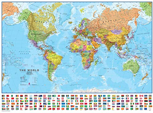 Póster de medio mundo mapa mural (político) – con banderas papel - 84,1 x 59,4 cm