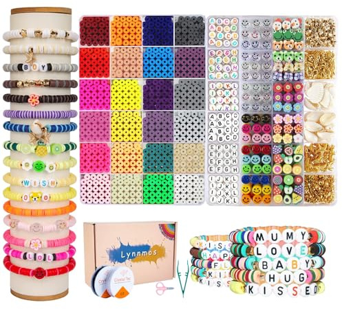 Pärlor att stränga, 7200+ bitar 6mm polymer lera set med 2 lådor DIY kit, bokstäver för smycken - armband, ringar, halsband kreativt hantverk gåva​
