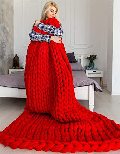 Riyueyi Gestrickte Decke Grob Kuscheldecke Grobe Strickdecke Wolle Garn Super große handgewebte Decke Haustier Bett Stuhl Sofa,Rot,50x60cm/19x23in
